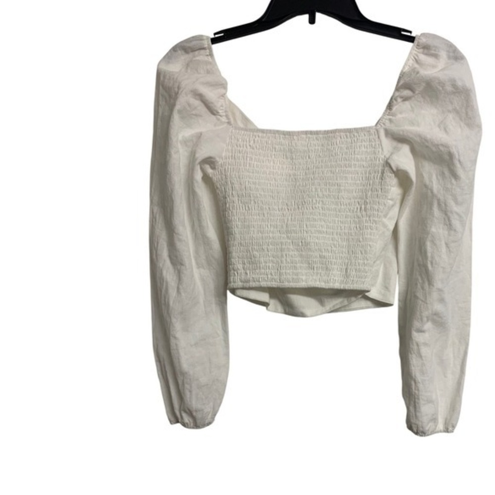Woman's White Cotton Puff Sleeve Crop Top Coastal Smocked Wrap‎ Blouse - Picture 3 of 7